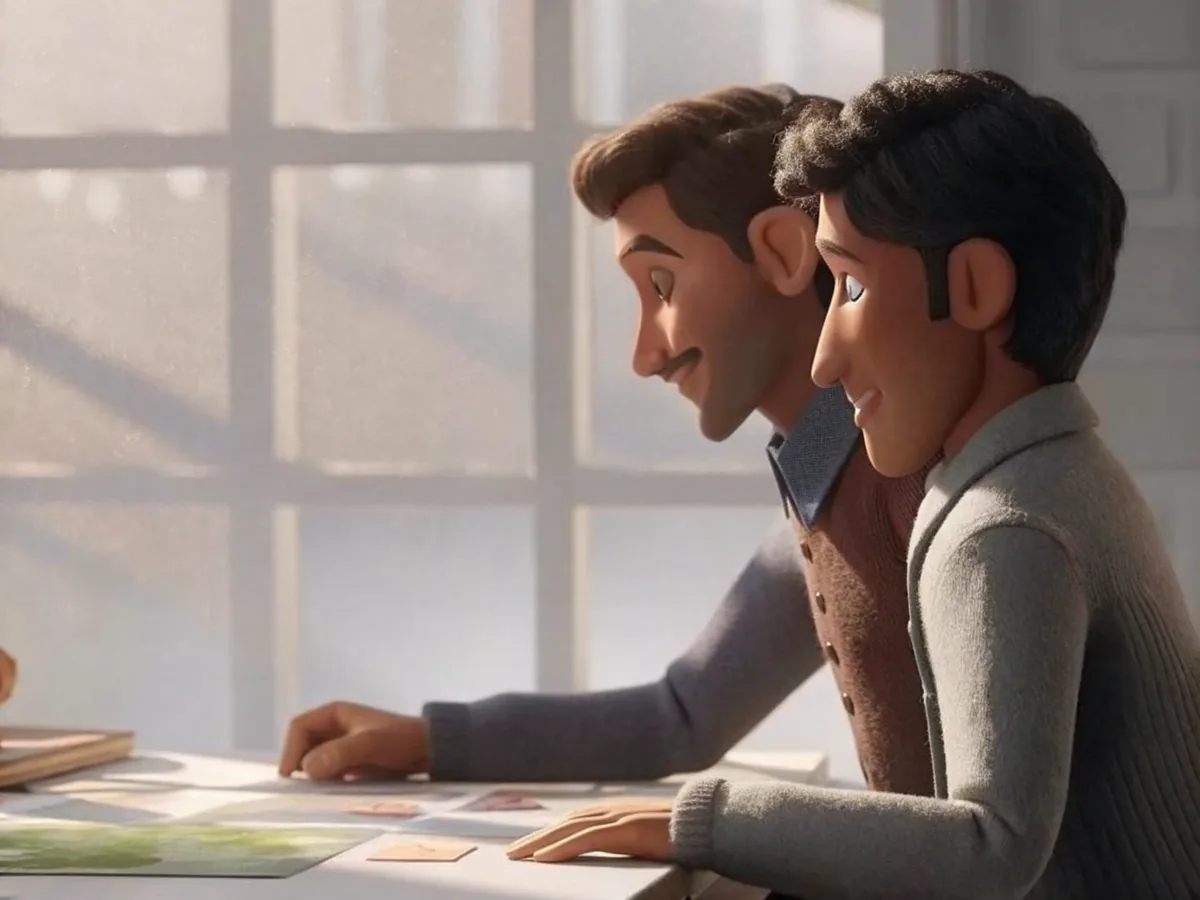 Two designers going over page layouts together