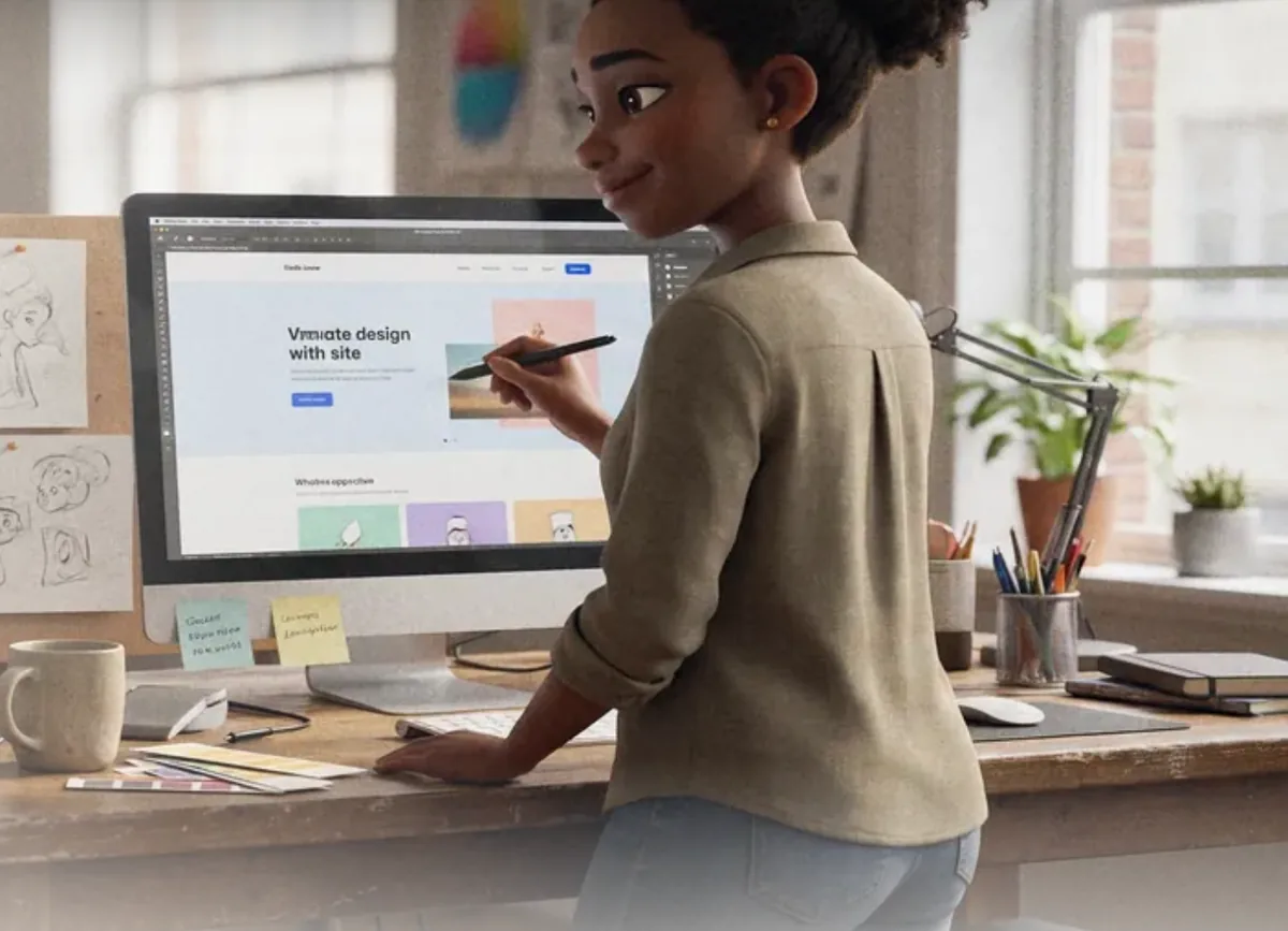 A designer working on a website at her desk