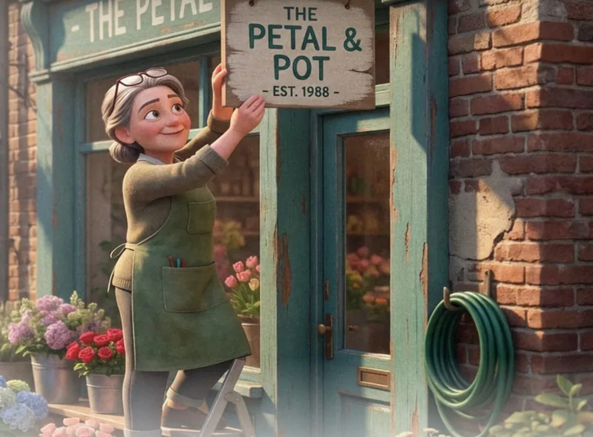 A florist hanging her shop sign above the door