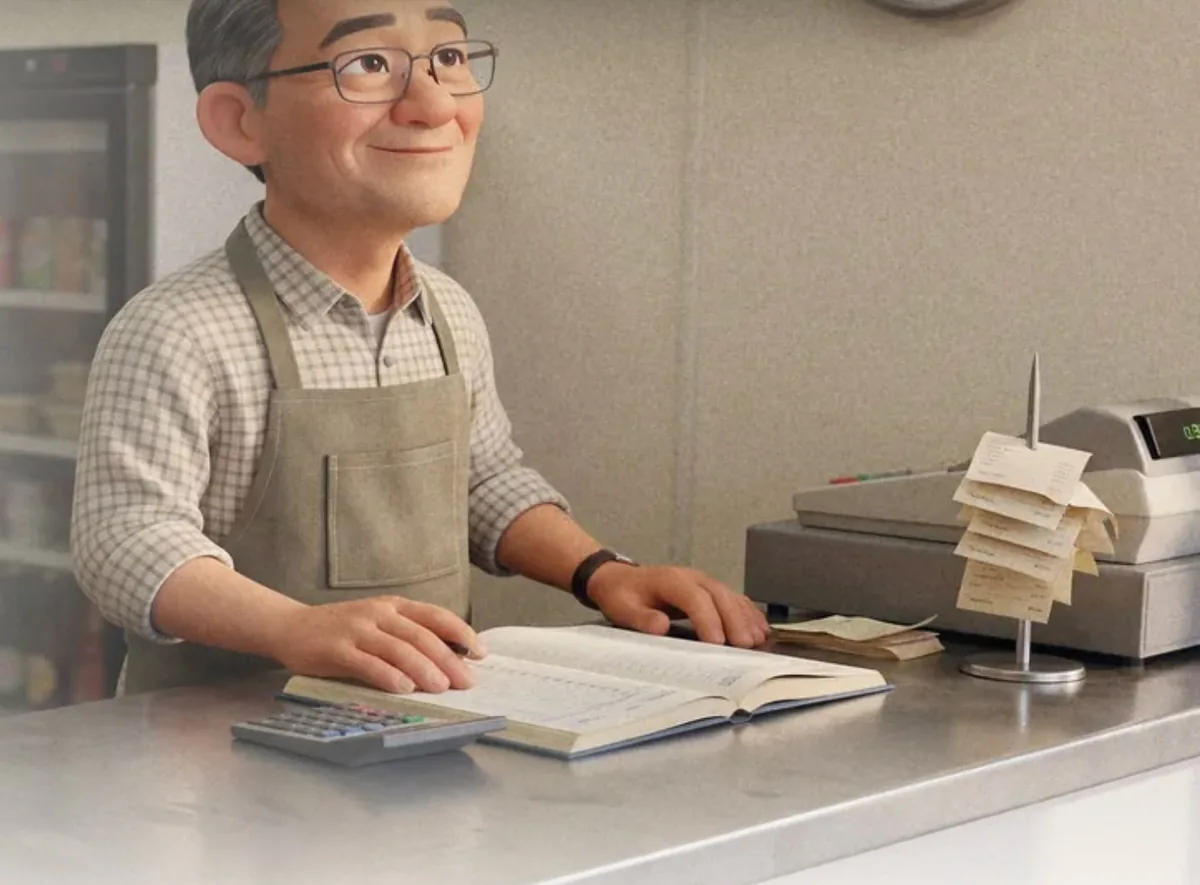A shopkeeper at his counter with a ledger and calculator