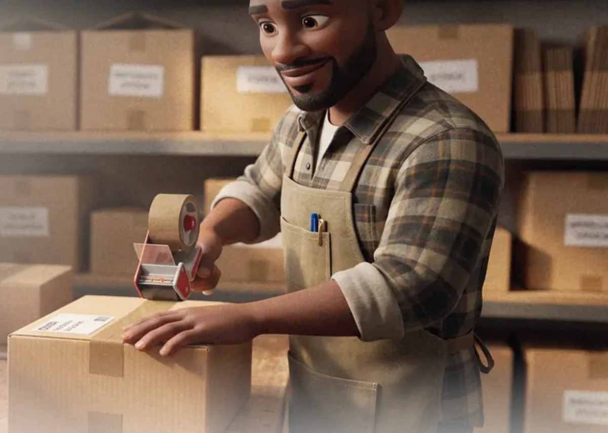 A maker taping up a parcel at his packing bench